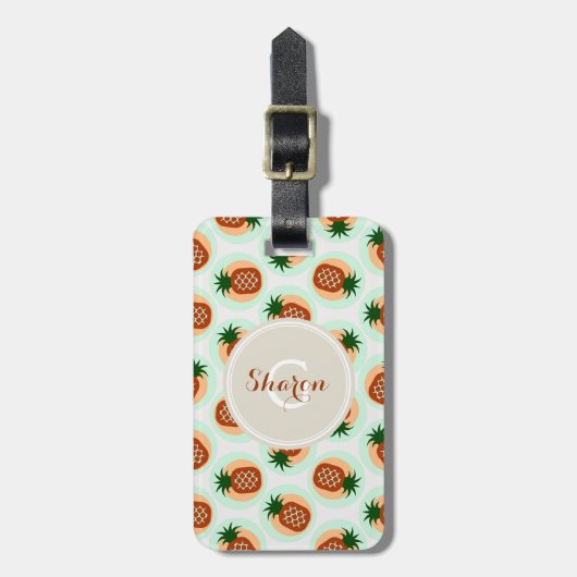 レトロの茶色および真新しいパイナップルはモノグラムを模造します ラゲッジタグ (正面縦)