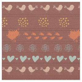 レトロの茶色のカラフルパターン鳥、ドット、足 ファブリック