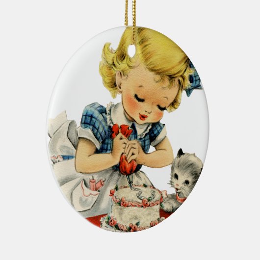 レトロの誕生日の女の子のケーキ猫のアートワーク セラミックオーナメント (右)