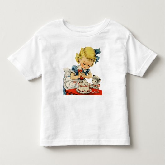 レトロの誕生日の女の子のケーキ猫のアートワーク トドラーTシャツ (正面)
