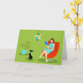 レトロの読書女性の挨拶状 カード (黄色い花)