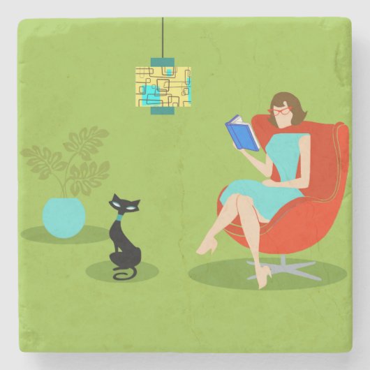 レトロの読書女性の石のコースター ストーンコースター (正面)