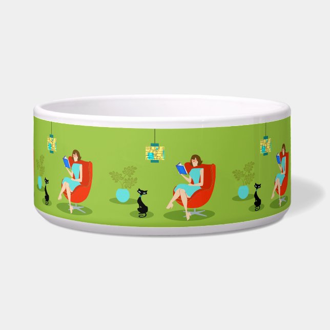 レトロの読書女性の陶磁器のペットボウル ボウル (正面)