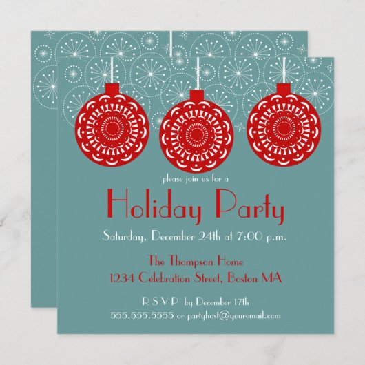 レトロの赤いオーナメントの休日のパーティの招待状 招待状 (正面/裏面)
