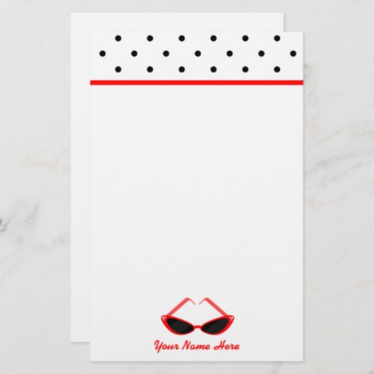 レトロの赤いキャッツ・アイのサングラス及び黒い水玉模様 便箋 (正面/裏面)