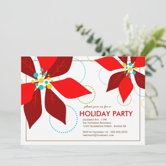 レトロの赤いポインセチアのクリスマスの休日のパーティ 招待状 (スタンド正面)
