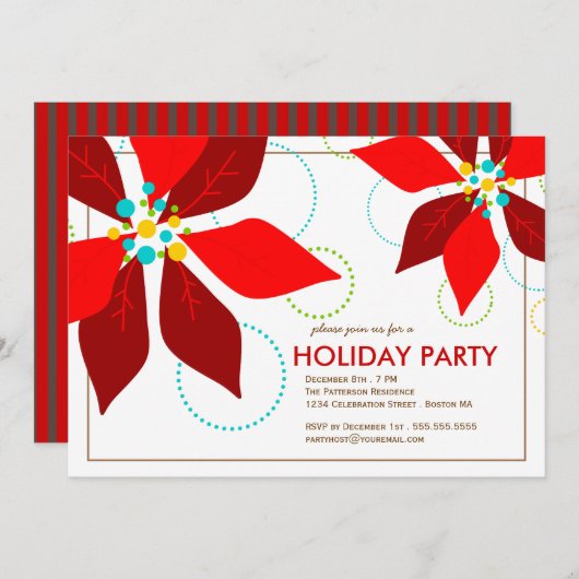 レトロの赤いポインセチアのクリスマスの休日のパーティ 招待状 (正面/裏面)