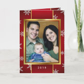 レトロの赤い金ゴールドの雪片のクリスマスの写真のカスタム シーズンカード (正面)