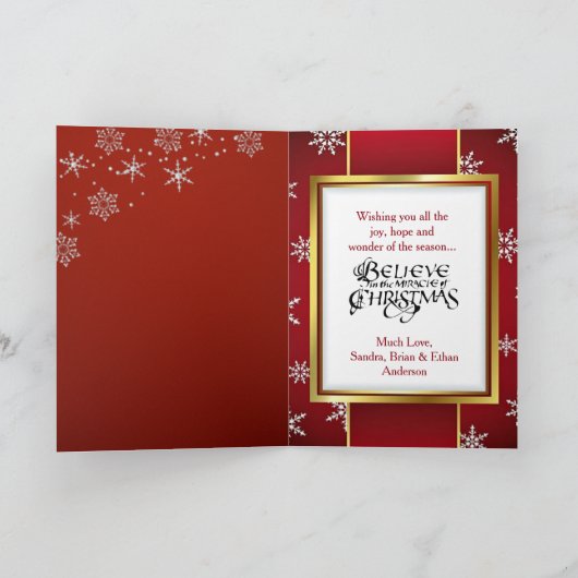 レトロの赤い金ゴールドの雪片のクリスマスの写真のカスタム シーズンカード (内部)