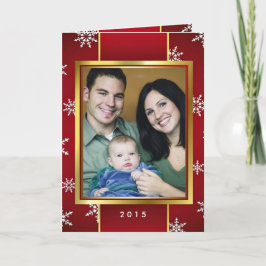 レトロの赤い金ゴールドの雪片のクリスマスの写真のカスタム シーズンカード