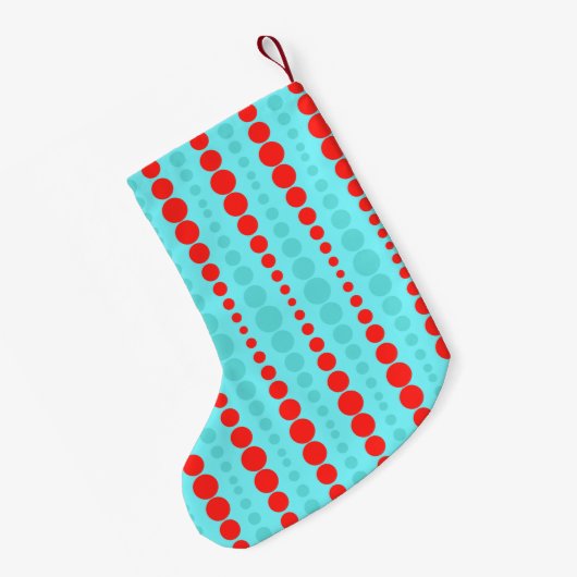 レトロの赤およびターコイズの点のクリスマスのストッキング スモールクリスマスストッキング (裏面 (吊り時))