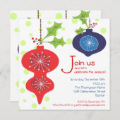 レトロの赤く及び青のオーナメントの休日のパーティの招待状 招待状 (正面/裏面)