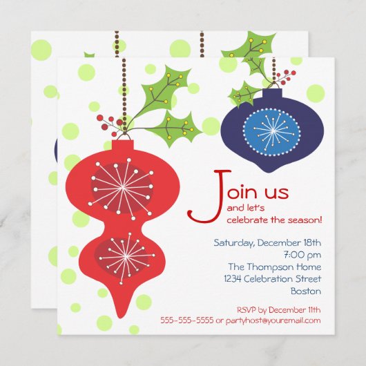 レトロの赤く及び青のオーナメントの休日のパーティの招待状 招待状 (正面/裏面)