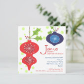 レトロの赤く及び青のオーナメントの休日のパーティの招待状 招待状 (スタンド正面)