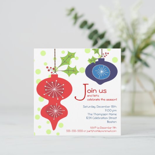 レトロの赤く及び青のオーナメントの休日のパーティの招待状 招待状 (スタンド正面)