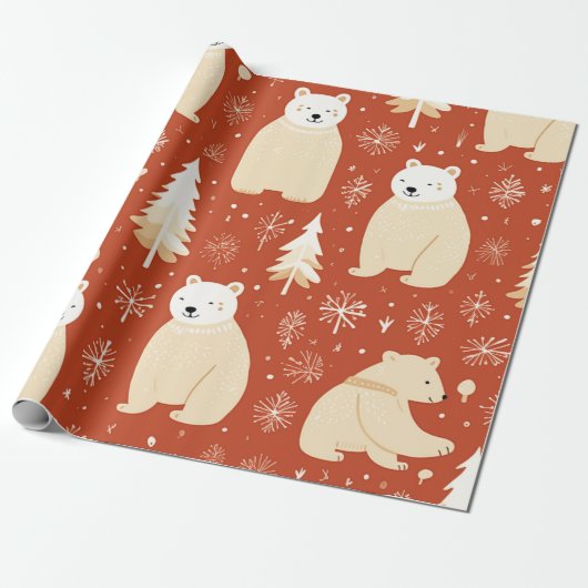 「レトロの赤と白クリスマスベアと木 ラッピングペーパー (アンロールド)