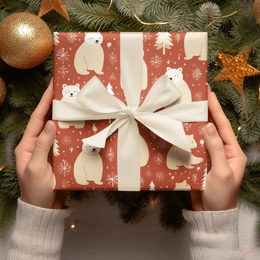 「レトロの赤と白クリスマスベアと木 ラッピングペーパー