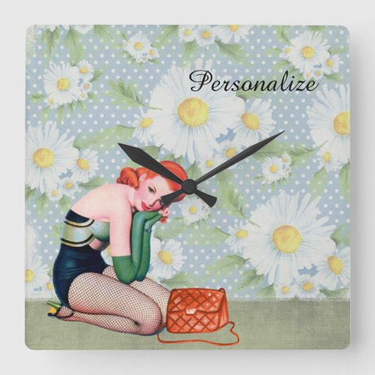 レトロの赤毛Pinの女の子 スクエア壁時計 (正面)