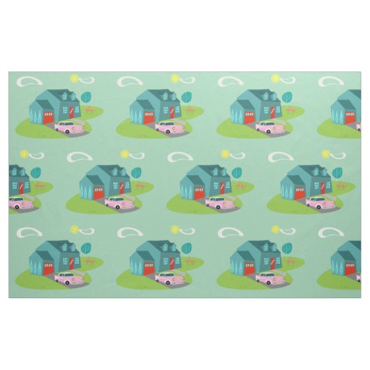 レトロの郊外の家によってとかされる綿織物 ファブリック (ファットクウォーター)