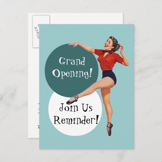 レトロの郵便はがきの幸せな女性オープンは発表します インビテーションポストカード (正面/裏面)