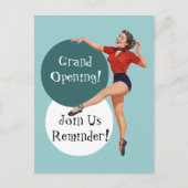 レトロの郵便はがきの幸せな女性オープンは発表します インビテーションポストカード (正面)