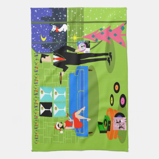 レトロの都市クリスマスのカップルの台所タオル キッチンタオル (縦)