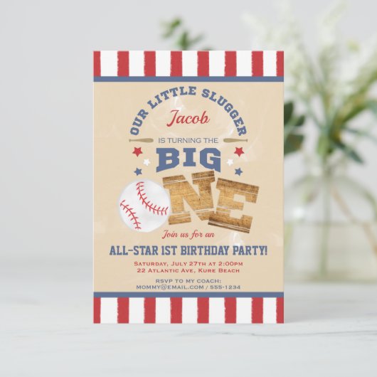 レトロの野球の第1誕生日の星は及び縞で飾ります 招待状 (スタンド正面)
