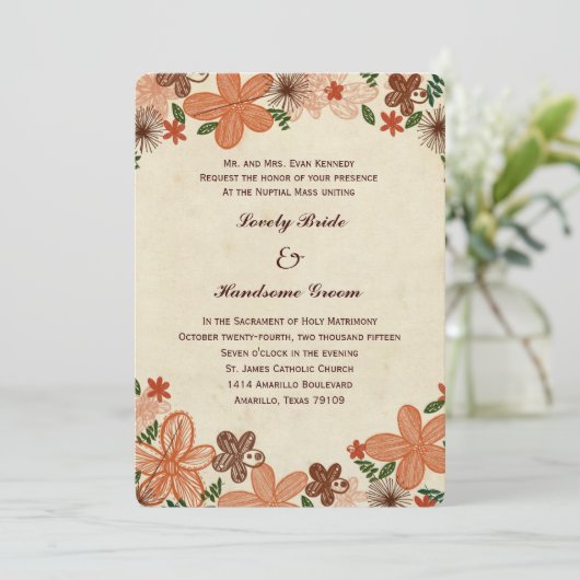 レトロの錆のオレンジによってはカトリック教の結婚式が開花します 招待状 (スタンド正面)