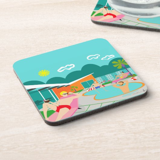 レトロの陽気なプールを囲んでのパーティの堅いプラスチックコースター コースター (左側)