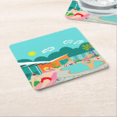 レトロの陽気なプールを囲んでのパーティの懸命の紙のコースター スクエアペーパーコースター (アングル)