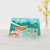 レトロの陽気なプールを囲んでのパーティの挨拶状 カード (黄色い花)