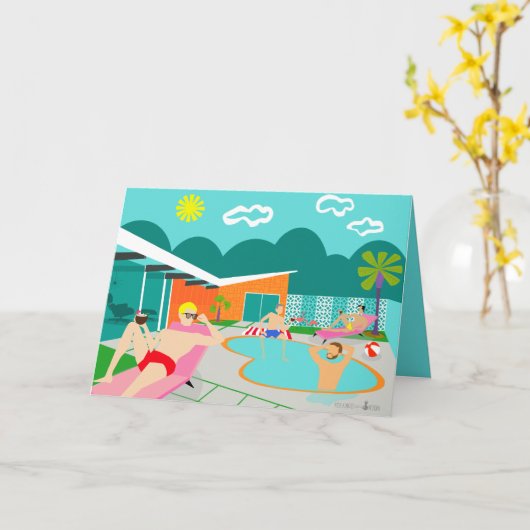 レトロの陽気なプールを囲んでのパーティの挨拶状 カード (黄色い花)