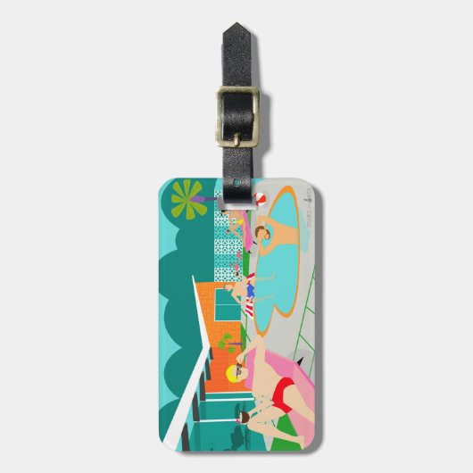 レトロの陽気なプールを囲んでのパーティの荷物のラベル ラゲッジタグ (正面縦)