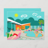 レトロの陽気なプールを囲んでのパーティの郵便はがき インビテーションポストカード (正面/裏面)