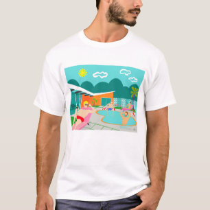レトロの陽気なプールを囲んでのパーティのTシャツ Tシャツ
