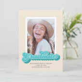 レトロの雰囲気(ティール（緑がかった色）)写真卒業発表 招待状 (スタンド正面)