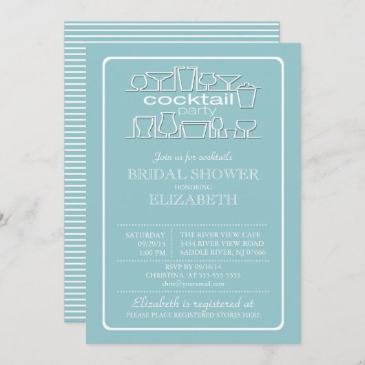 レトロの青いカクテルパーティーのブライダルシャワー 招待状 (正面/裏面)