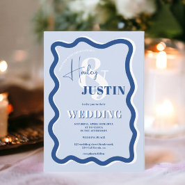 レトロの青い曲線の結婚波状の写真 招待状