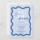 レトロの青い曲線の結婚波状の写真 招待状 (正面)