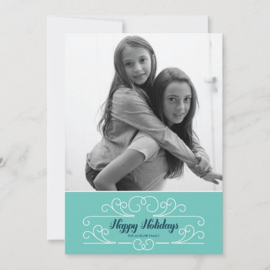 レトロの青いFlorishの休日の写真カード シーズンカード (正面)