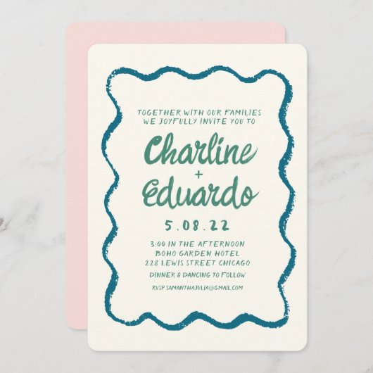 レトロの青と緑の波状の手書結婚き 招待状 (正面/裏面)