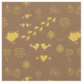 レトロの黄色と茶色の鳥のパターン，ドット ファブリック
