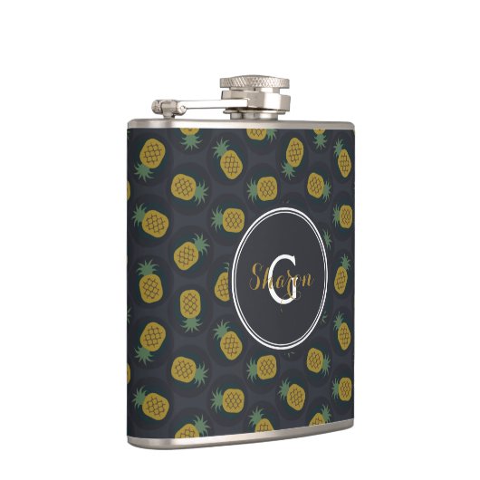 レトロの黒い金ゴールドのパイナップルはモノグラムを模造します フラスク (右)