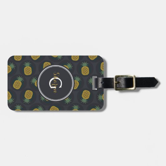 レトロの黒い金ゴールドのパイナップルはモノグラムを模造します ラゲッジタグ (正面横)