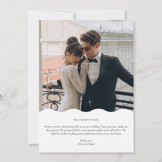 レトロの黒と白の波状の写真Wノート結婚の サンキューカード (裏面)