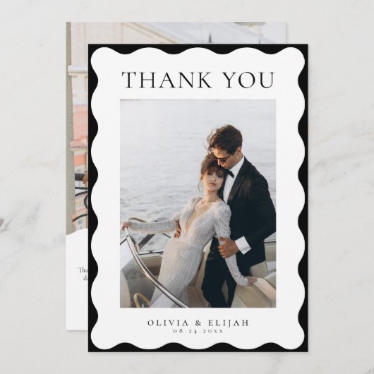 レトロの黒と白の波状の写真Wノート結婚の サンキューカード (正面/裏面)