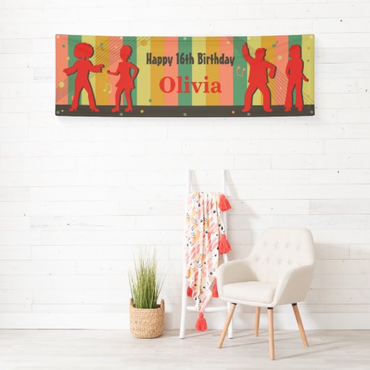 レトロの10代のなディスコのダンスの誕生会の旗 横断幕 (インサイチュ)