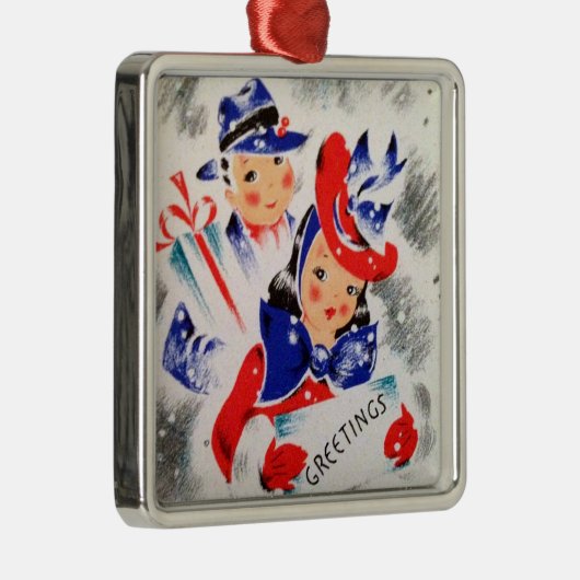レトロの40年代のクリスマスのショッピングのカップル メタルオーナメント (右)