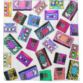 レトロの80年代の90年代のネオンパターン(の模様が)あるなカセットテープ シャワーカーテン (正面)