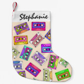 レトロの80年代の90年代のネオンパターン(の模様が)あるなカセットテープ スモールクリスマスストッキング (正面)